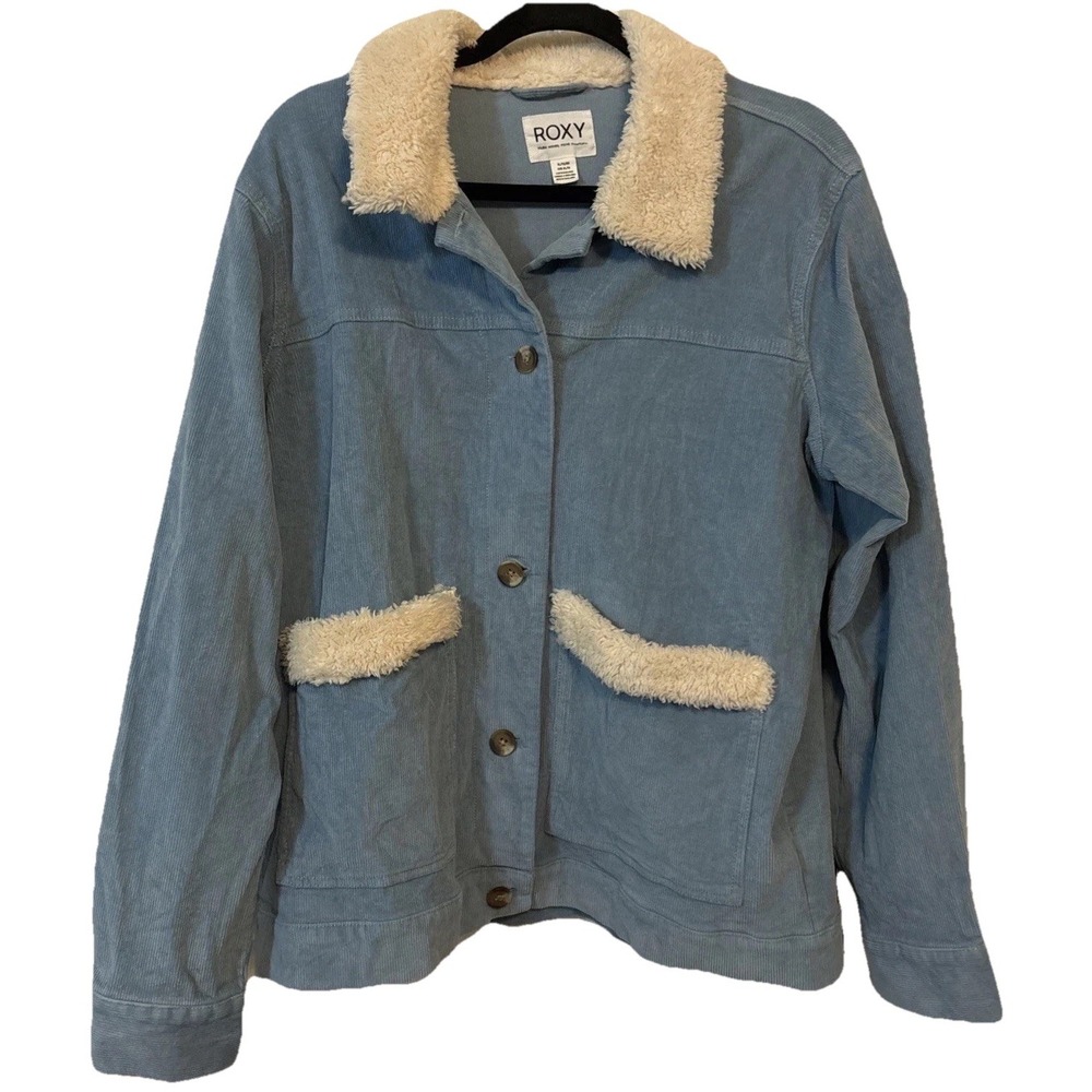 ROXY Womens Corduroy Jacket Chore Barn Coat Sherpa Trim Blue XL
